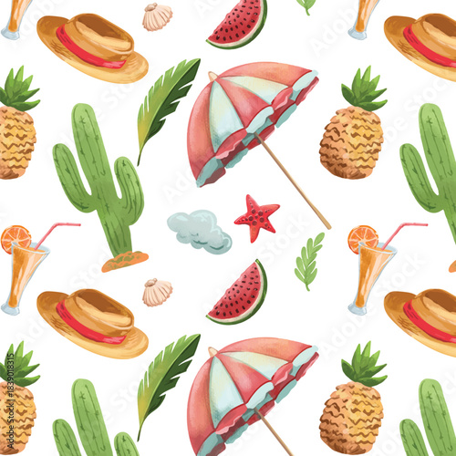 Hand drawn vector seamless pattern with beach amenities on white background