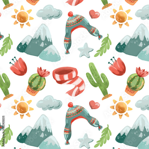 Hand drawn vector seamless pattern with peruvian and mounain travel items on white background