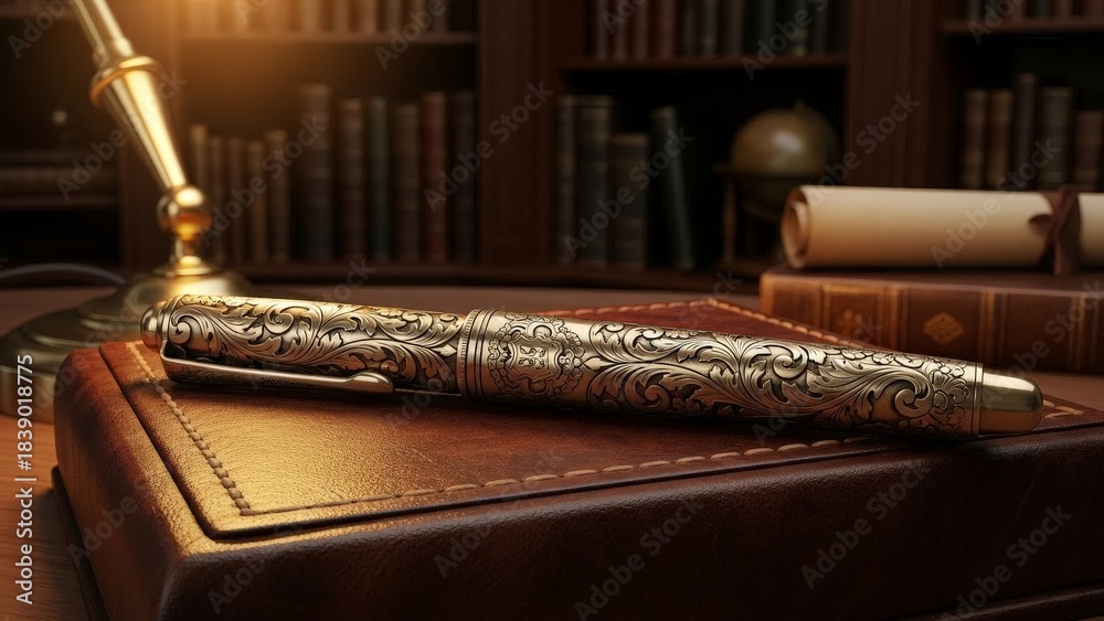 custom made wallpaper toronto digitalOrnate Vintage Gold Fountain Pen on Leather Desk