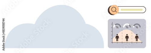 Cloud graphic, search bar, and user demographics chart with engagement statistics. Ideal for data analysis, cloud computing, user behavior, research, business strategy, technology simple flat