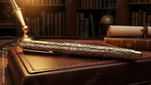 Wallpaper Mural Ornate Vintage Gold Fountain Pen on Leather Desk Torontodigital.ca