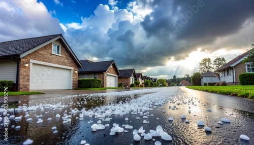 Hailstones Scattered on a Wet Residential Street After a Severe Storm with Dramatic Sky