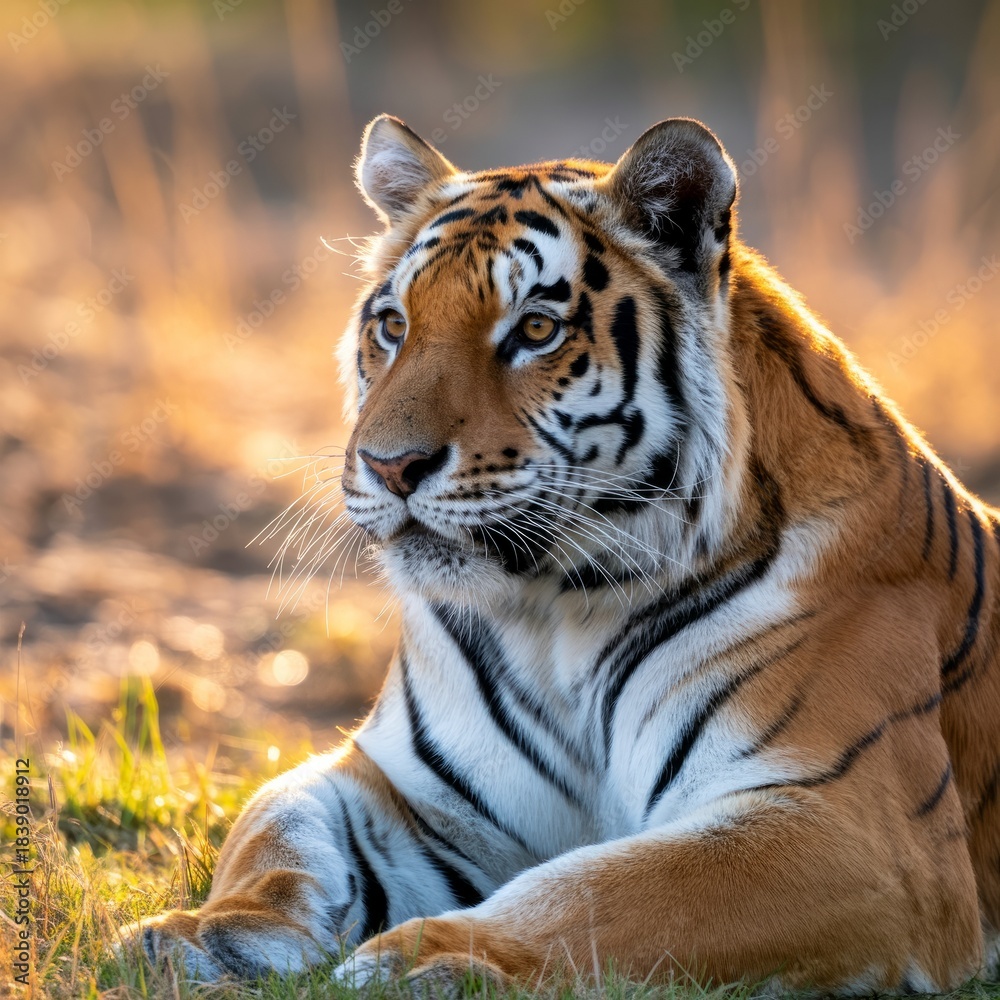 Fototapeta Majestic tiger resting peacefully in golden hour light with a focused gaze symbolizing strength and the beauty of wildlife in its natural ha