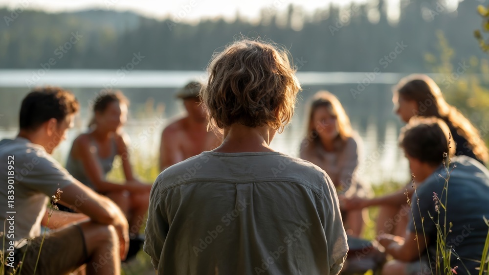 Fototapeta premium Person Watching Group Discussion Circle by Lake in Sunlight