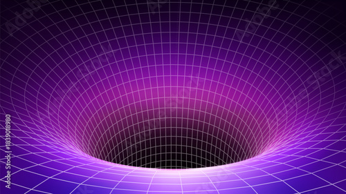 Abstract Futuristic Grid Warp Hole With Purple Gradient Depth And Curved Lines Forming A Sci-Fi Space Vortex. Black Holes Concept. Vector Illustration.