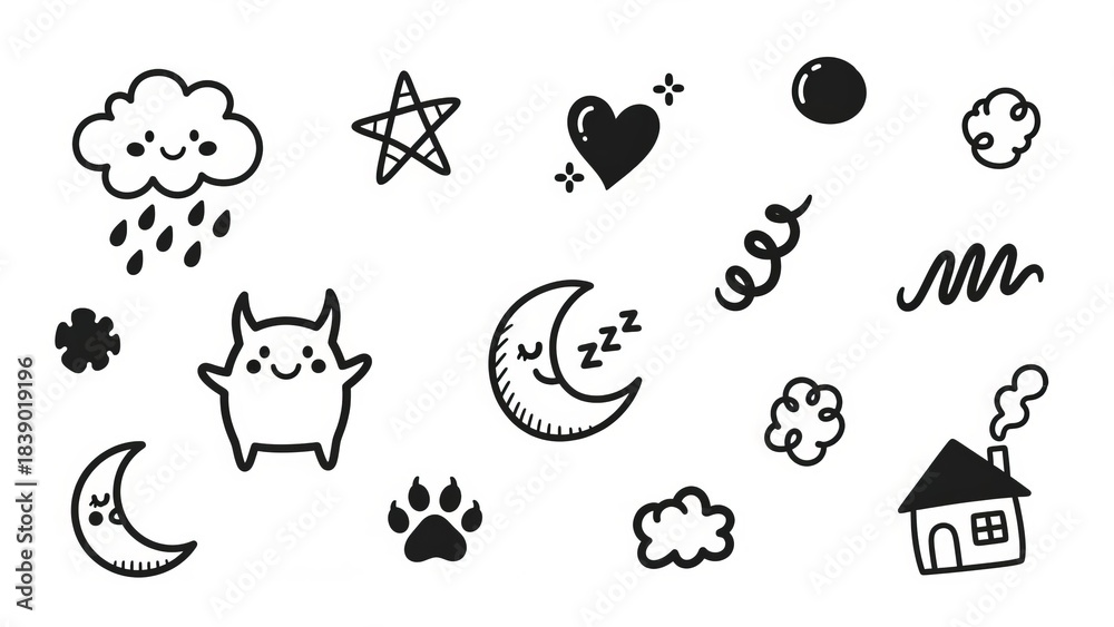 Fototapeta premium Whimsical hand-drawn doodles of clouds, moon, stars, and a cute monster.