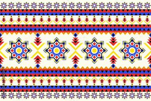 Seamless abstract geometric pattern with black,red and blue on light yellow color ,Native American tribal fabric, tile, carpet, vector, illustration design	