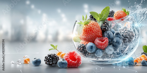 Clear glass bowl filled with mixed berries including strawberries blueberries raspberries and blackberries is splashed with water creating refreshing and vibrant scene. background is soft blurred