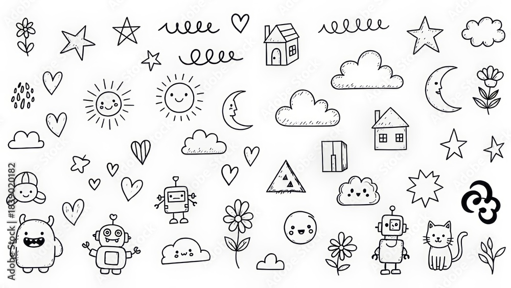 Fototapeta premium Whimsical hand-drawn doodles of cute characters, celestial elements, and simple shapes for creative projects