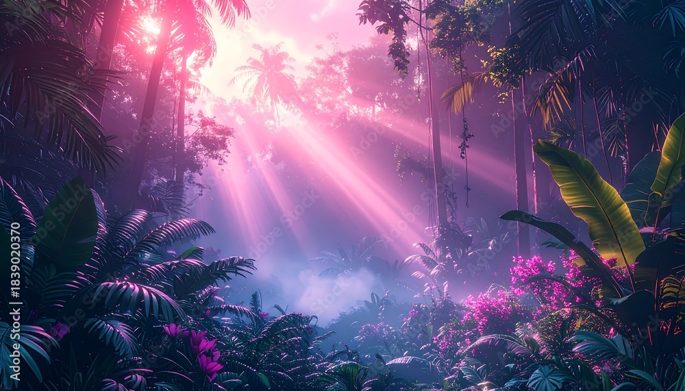 Fototapeta premium Dreamy, sunlit jungle vista with lush foliage and ethereal pink light streaming down through the canopy