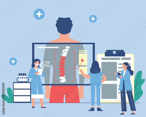 Flat vector illustration of chiropractors analyzing the human spine using a digital medical screen. Concept of chiropractic care, orthopedics, posture correction, and modern healthcare diagnostics.