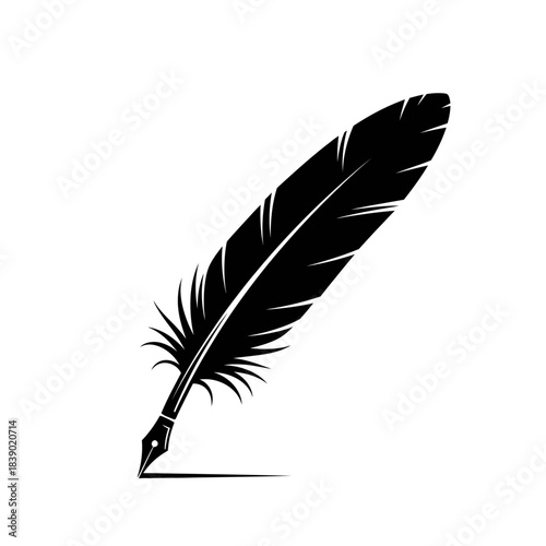 Black feather quill pen writing on a white background