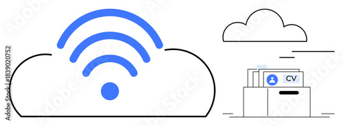 Cloud storage concept. Cloud storage with wireless symbol and digital resume file management. Cloud storage ensures seamless data sharing and secure file storage for HR, technology, and business