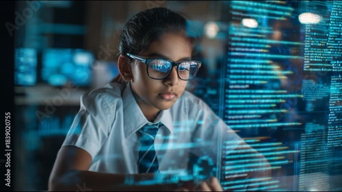 Young female student with glasses writing code on a futuristic holographic computer interface at night
