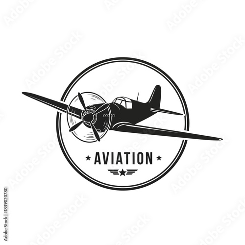 Vintage fighter airplane emblem with propeller and wings