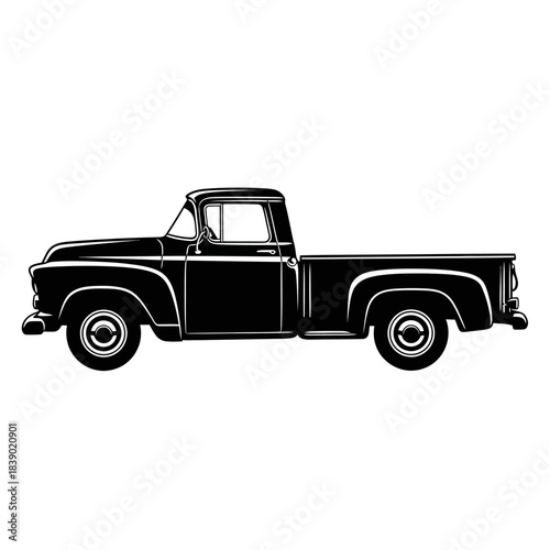 Black and white silhouette of a vintage pickup truck