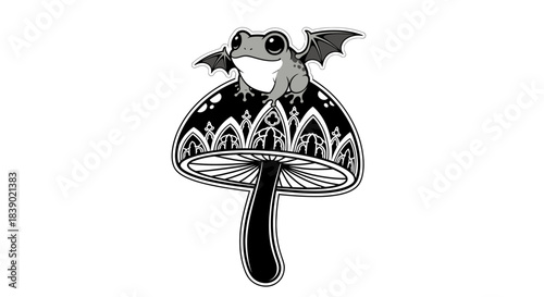 A whimsical monochrome illustration of a winged frog perched on a gothic mushroom design