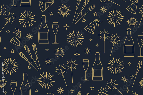 seamless New Year Eve golden pattern with champagne bottle, glasses, fireworks, sparklers, party hat and stars- vector illustration