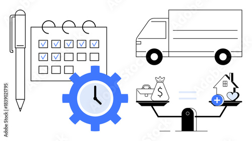 Time management concept. Includes calendar scheduling, transportation, and balanced decision-making. Time efficiency aids logistics, productivity, planning, business operations, time-focused