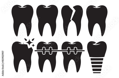 Teeth Silhouette Icon Sheet – 8 Premium Dental Black Vectors