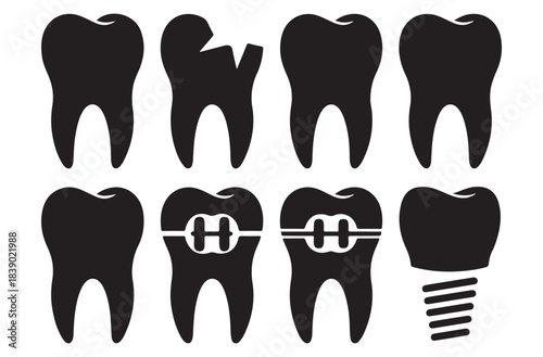 Teeth Silhouette Icon Sheet – 8 Premium Dental Black Vectors