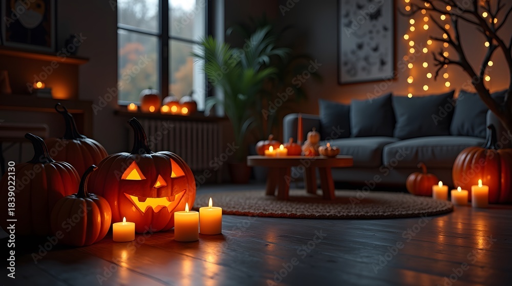 Fototapeta premium Theme Halloween, Dark modern living room decorated for Halloween, pumpkins glowing softly.