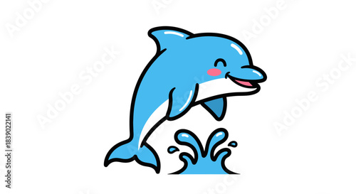 Adorable cartoon dolphin jumping joyfully out of the water isolated on white background illustration