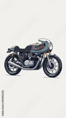 Classic Cafe Racer Motorcycle in Detailed Illustration on White Background.