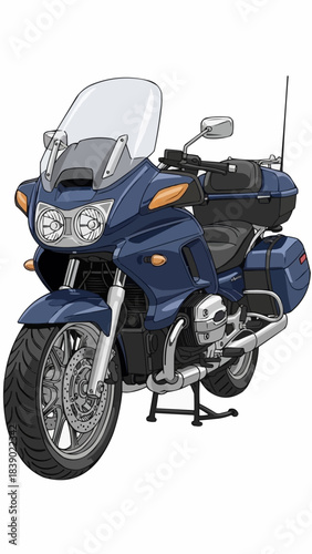 Dark Blue Touring Motorcycle with Windshield and Storage.