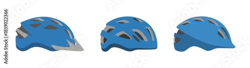 Three views of a blue bicycle helmet with grey accents, showcasing its design and ventilation.