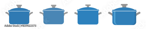 Four blue pots with lids and handles arranged in a row, varying slightly in size and shade.