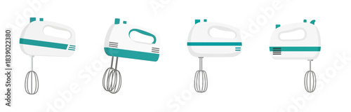 Four white and teal hand mixers are displayed from different angles against a white background.