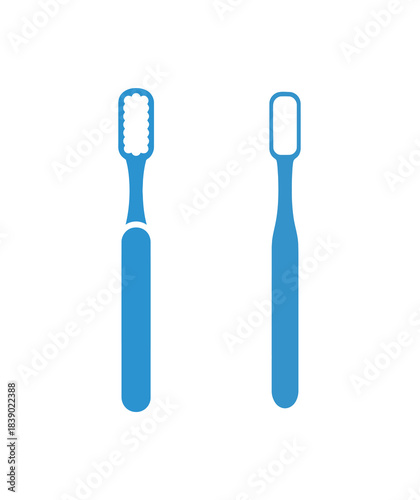 Two blue toothbrushes, one with bristles and one with a smooth head, are shown side by side against a white background.