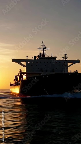 Big cargo commercial ship at sunset of ocean 