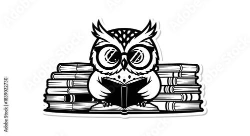 Illustration of a wise owl reading a book sitting atop a stack of books monochrome image