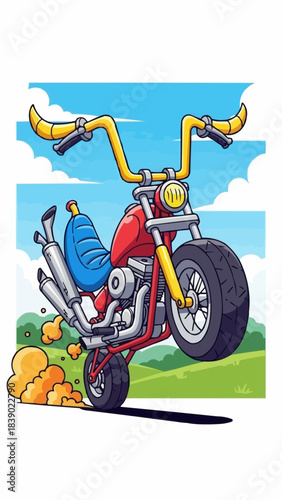Cartoon motorcycle doing a wheelie on a sunny day with a blue seat.