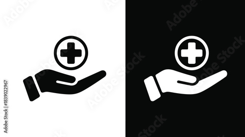 Hand holding medical cross symbol in minimalist design with contrasting black and white colors on simple background for healthcare icon