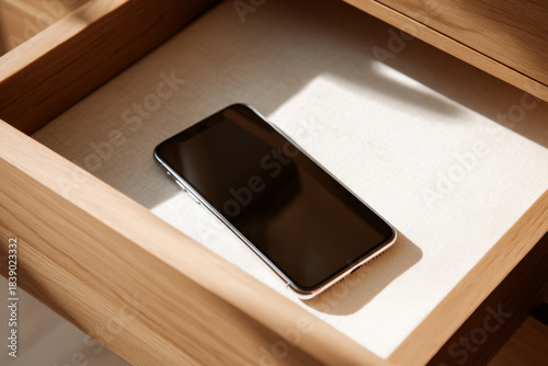 A sleek smartphone resting inside a partially open wooden drawer, illustrating the concept of putting devices away for a digital detox.