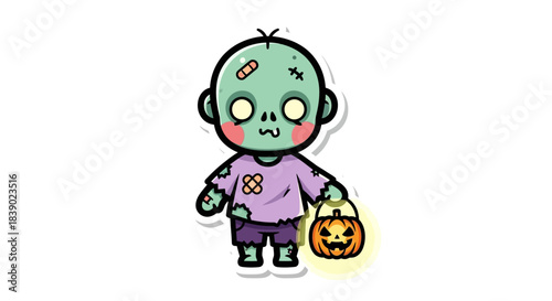 Cute Zombie Cartoon Character with Pumpkin Lantern for Halloween Illustration