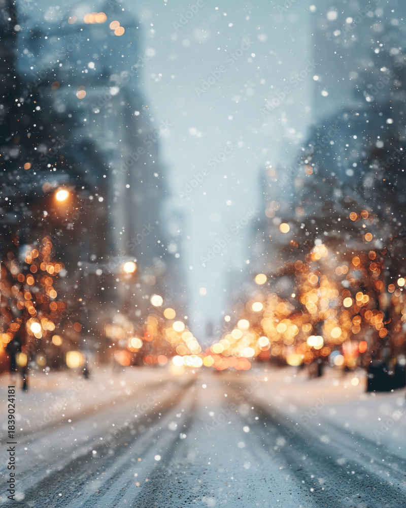 Obraz premium vertical snowy winter city street with bright golden bokeh and traffic lights