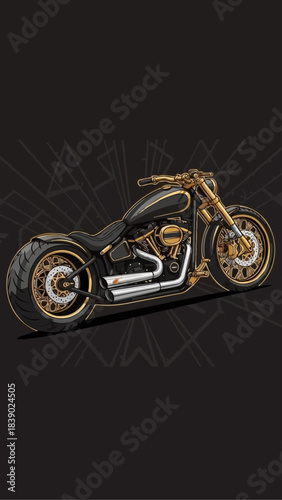 Custom black and gold chopper motorcycle illustration.