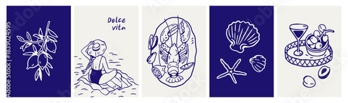 Dolce vita summer holiday posters set. Coastal Italian vacation card designs with lemon branch, woman on beach, sea resort, lobster, seashells in doodle retro style. Hand-drawn vector illustrations