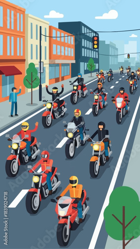 Large Group of Motorcyclists Riding Together on City Street.