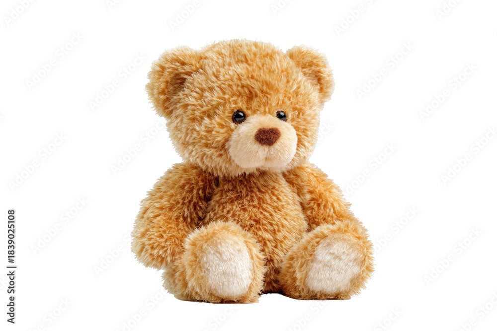 Fototapeta premium Fluffy brown teddy bear sitting upright with soft fur and friendly eyes isolated on transparent background