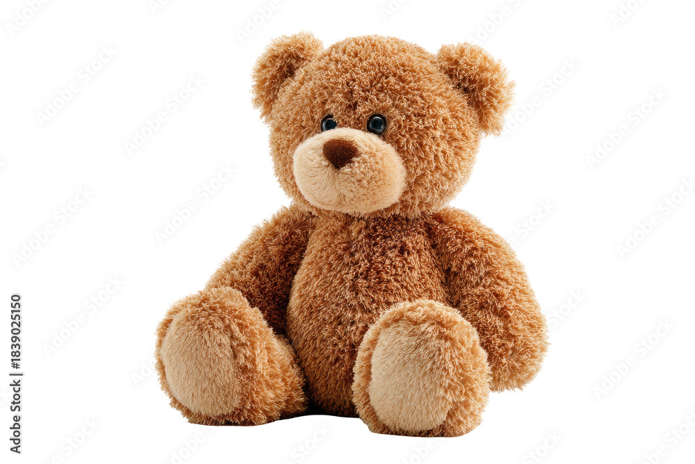 Fototapeta premium Fluffy brown teddy bear toy sitting upright with friendly expression isolated on transparent background