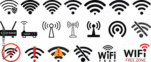 Wireless wifi signal icons set. Internet connection symbols. Set of different wireless and wifi icons. Network communication and radio wave. Antenna tower icon collection. Vector illustration.
