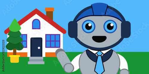 photo of ai robot dressed as real estate agent standing in front of house.