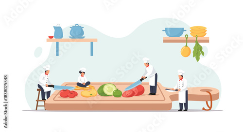 Culinary team prepping vibrant vegetables in a modern kitchen, ideal for food blogs and restaurant promotions with a fresh, healthy vibe