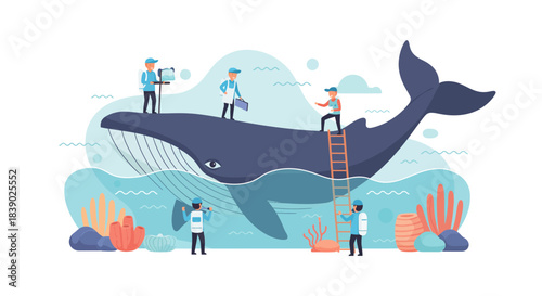 Marine biologists research a majestic whale in its ocean habitat, offering educational insight and promoting environmental awareness for ocean conservation