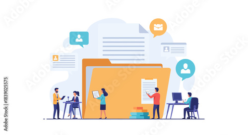Team collaborating on digital documents for streamlined workflow in modern office setting, enhancing productivity and communication in business processes